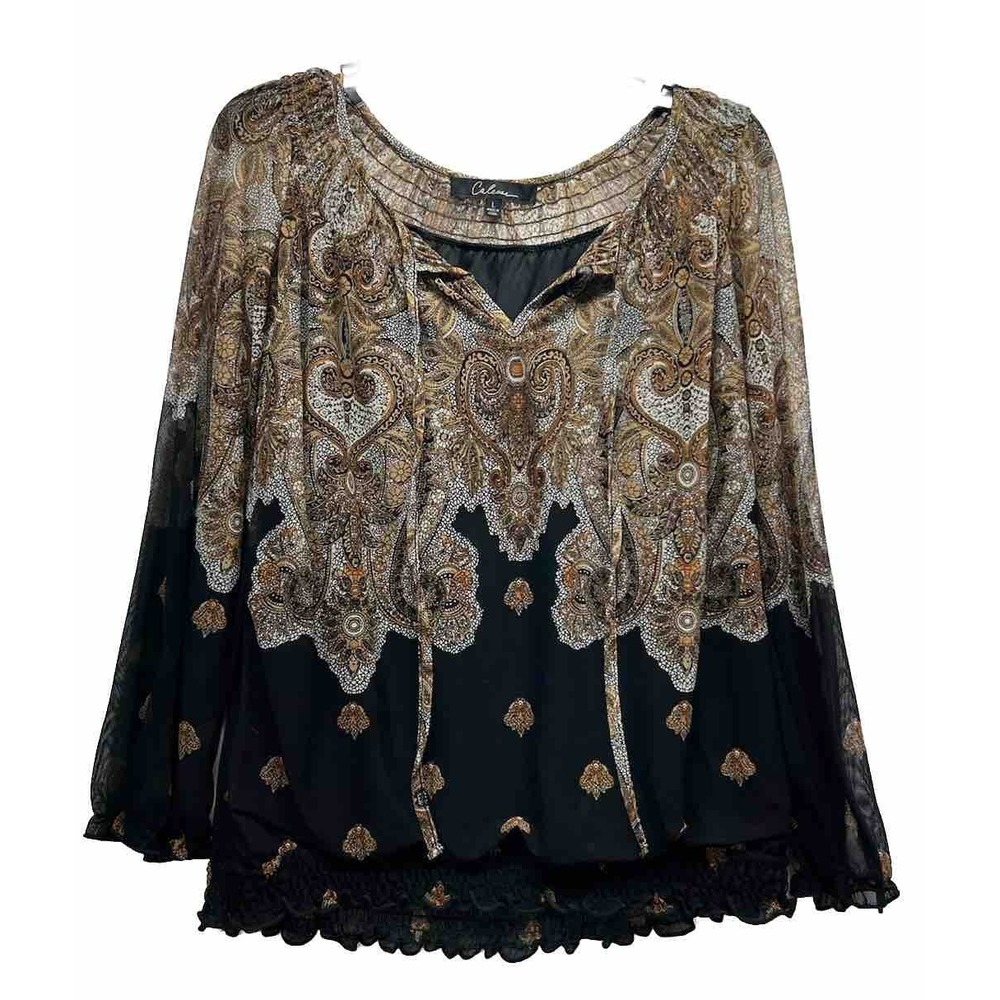 Caleaas Womens Size L Brown Long Sleeve Boho Paisley Blouse Top (S2)